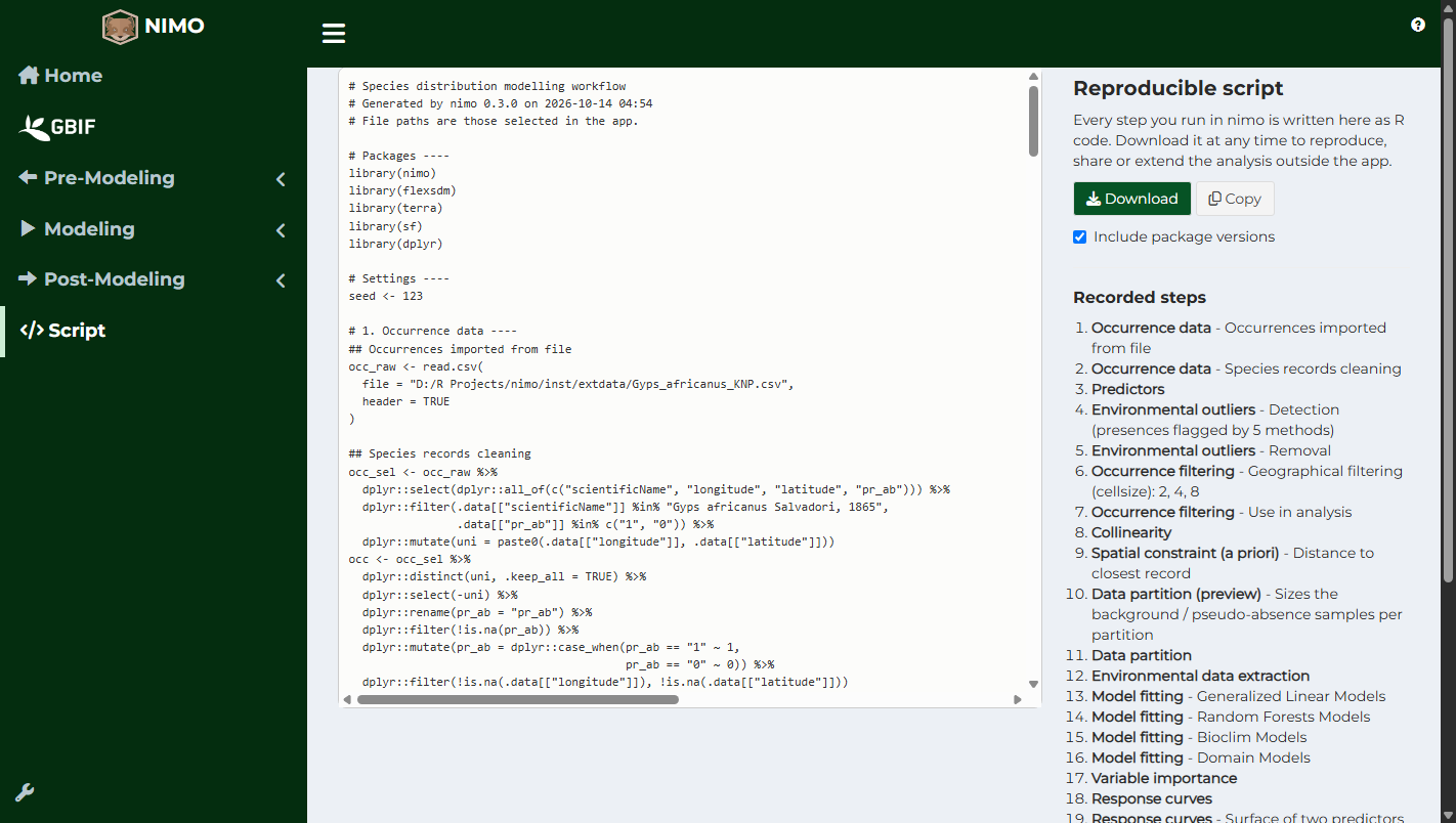 Script page with the recorded R code and the list of recorded steps