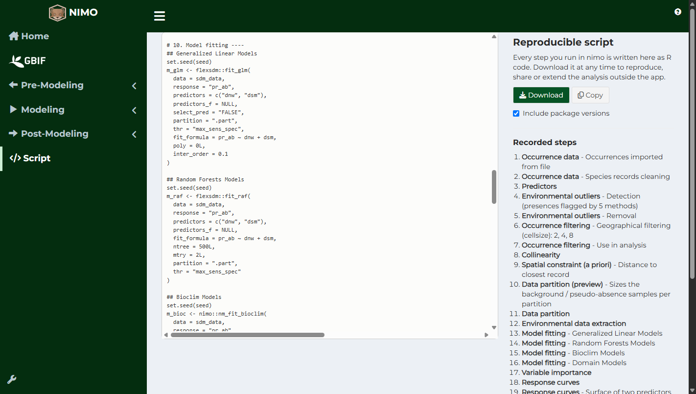 Model fitting section of the recorded R script